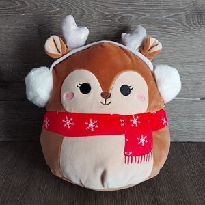 Squishmallows Christmas Darla Fawn Reindeer Deer Red Scarf Earmuffs 10”